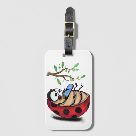 Gelukkig Kleine Ladybug met Telefoon - Cartoon Tek Bagagelabel (Voorkant (verticaal))