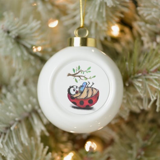 Gelukkig Kleine Ladybug met Telefoon - Cartoon Tek Keramische Bal Ornament (Boom)