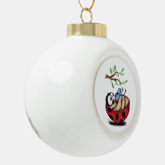Gelukkig Kleine Ladybug met Telefoon - Cartoon Tek Keramische Bal Ornament (Links)