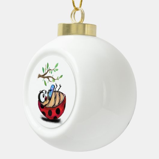 Gelukkig Kleine Ladybug met Telefoon - Cartoon Tek Keramische Bal Ornament (Rechts)