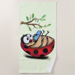Gelukkig Kleine Ladybug met Telefoon - Cartoon Tek Strandlaken