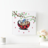 Gelukkig Kleine Ladybug met Telefoon - Cartoon Tek Vierkante Klok (Huis)
