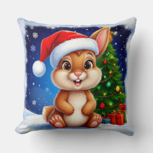 Gelukkig konijn in kerstmuts kussen