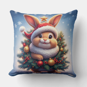 Gelukkig konijn in kerstmuts kussen