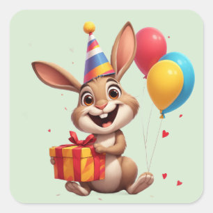 🎁 Gelukkig Konijn Met Ballonnen En Cadeau Vierkante Sticker