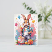 Gelukkig konijn met cake | briefkaart (Staand voorkant)