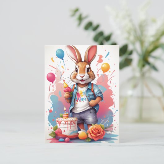 Gelukkig konijn met cake | briefkaart (Staand voorkant)
