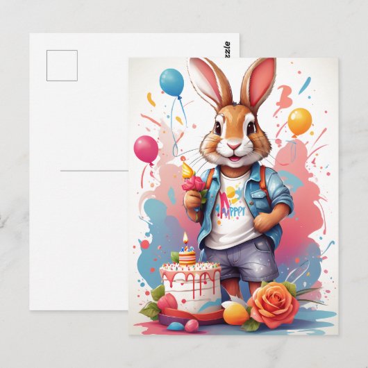 Gelukkig konijn met cake | briefkaart (Voorkant / Achterkant)