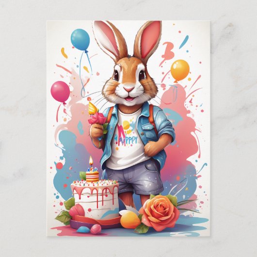 Gelukkig konijn met cake | briefkaart (Voorkant)