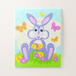 Gelukkig Konijn Vlinders Bloemen Schattig Paars Ko Legpuzzel