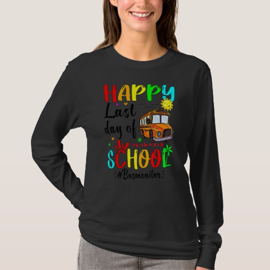 Gelukkig laatste dag schoolbusmonitor zomervacati t-shirt (Voorkant)