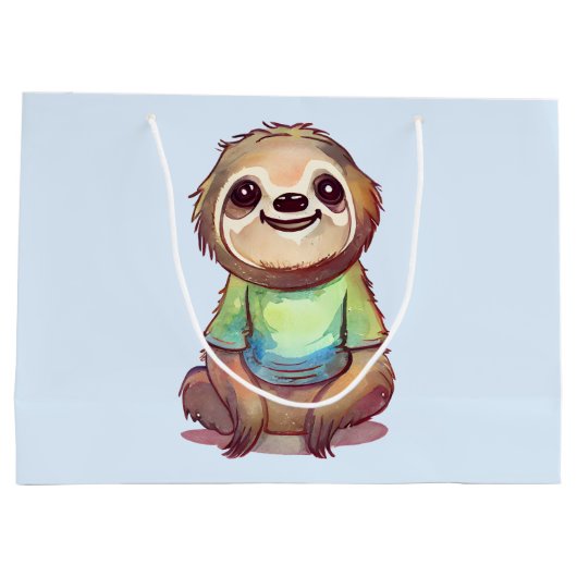 Gelukkig lachende luiaard zit ontspannen groot cadeauzakje