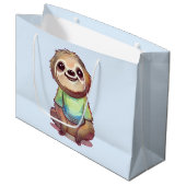 Gelukkig lachende luiaard zit ontspannen groot cadeauzakje (Voorkant Gekanteld)