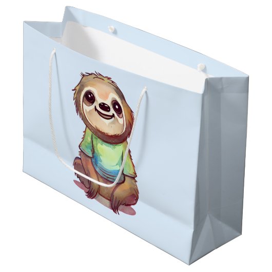 Gelukkig lachende luiaard zit ontspannen groot cadeauzakje