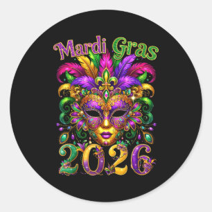 Gelukkig Mardi Gras 2026 Narrenhoed New Orleans Ma Ronde Sticker