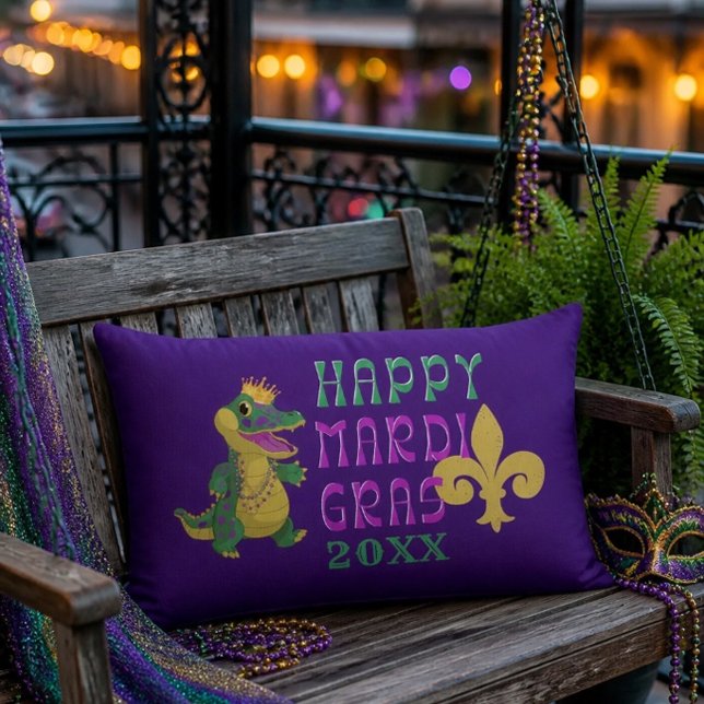 Gelukkig Mardi Gras Gator King Kussen (Creator heeft geüpload)