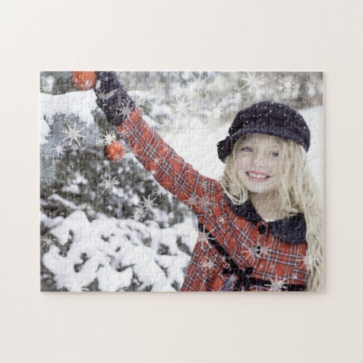 Gelukkig meisje dat kerstboom versiert legpuzzel (Horizontaal)
