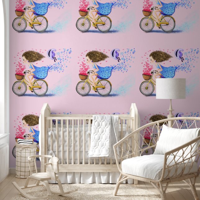 Gelukkig meisje met fiets behang (Kinderen)