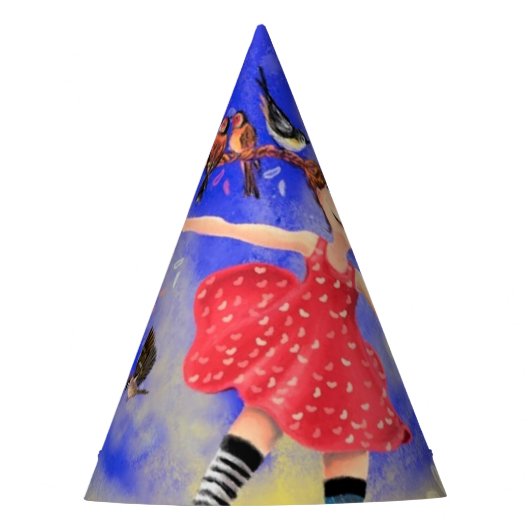 Gelukkig meisje met vogels - Geluk Feesthoedjes (Voorkant)