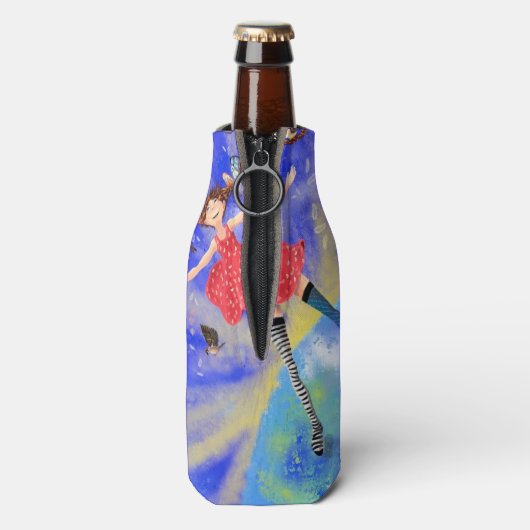 Gelukkig meisje met vogels - Geluk - Flesjeskoeler (Fles Achterkant)