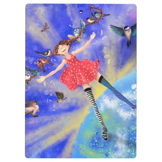 Gelukkig meisje met vogels - Geluk - Joy Klembord (Achterkant)