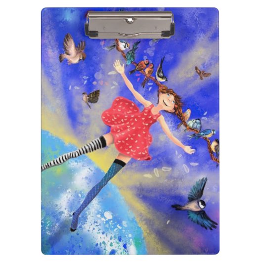 Gelukkig meisje met vogels - Geluk - Joy Klembord (Voorkant)