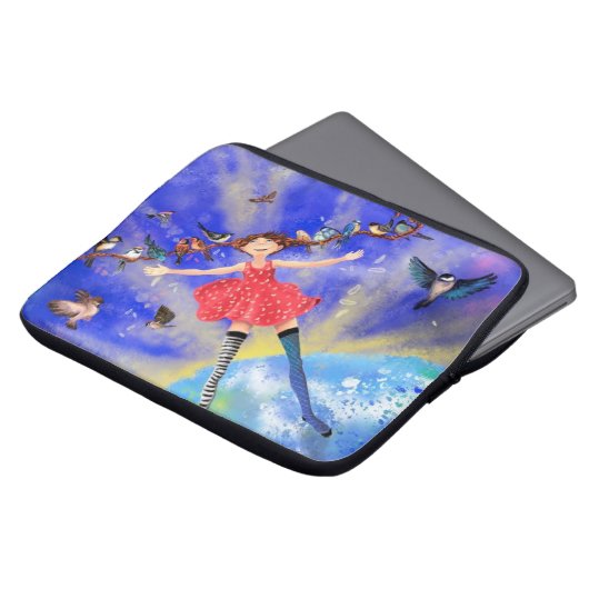 Gelukkig meisje met vogels - Geluk Laptop Sleeve (Voorkant top)