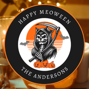 Gelukkig Meoween enge Grim Reaper Kat Halloween Ronde Sticker