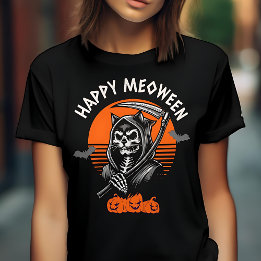 Gelukkig Meoween enge Grim Reaper Kat Halloween T-shirt