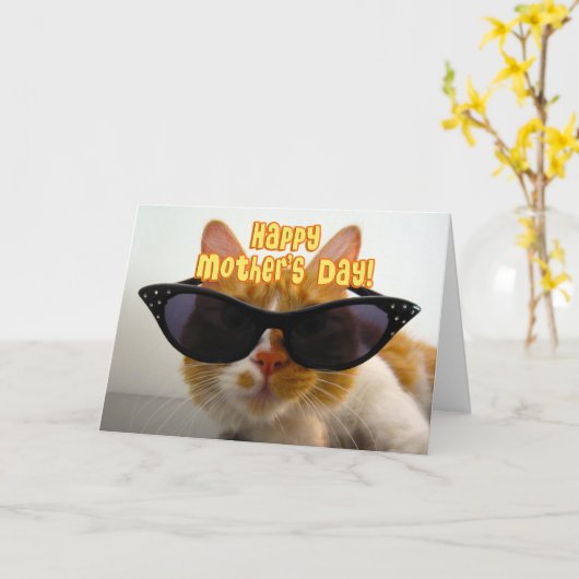Gelukkig Moederdag - Koele Kat in Zonnebril Kaart (Gele Bloem)