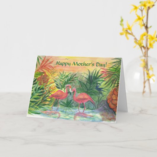 Gelukkig Moederdag! Roze Flamingo's Kaart (Gele Bloem)