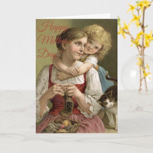"Gelukkig Moederdag!" Vintage Moeder & Kind Kaart (Gele Bloem)