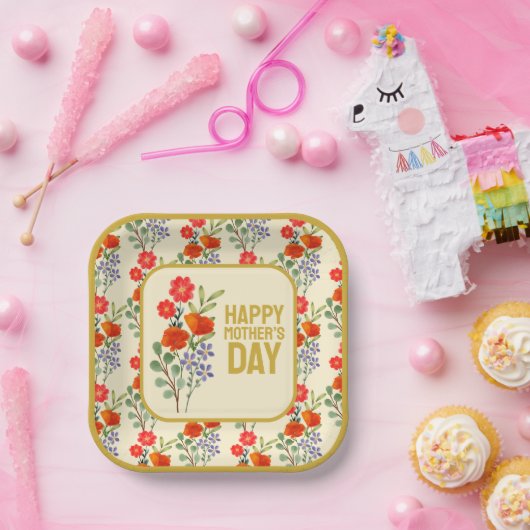 Gelukkig Moederdag Wildbloemen Gold Lijst Papieren Bordje (Feest)