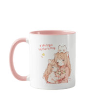 Gelukkig Moedersdag Mok – Cute Kat & Bloemen Cadea
