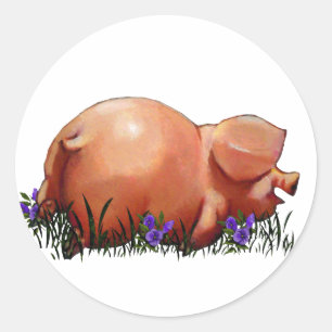 Gelukkig, mollig, lachend varken: oliepastel kunst ronde sticker
