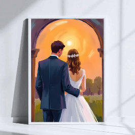 Gelukkig Na De Bruiloft Bruid & Bruidegom Aquarel  Poster