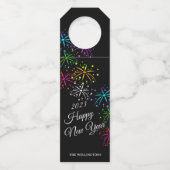 Gelukkig nieuw jaar kleurrijk vuurwerk zwart flessenhanger (Voorkant)