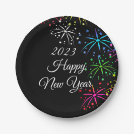 Gelukkig nieuw jaar kleurrijk vuurwerk zwart papieren bordje