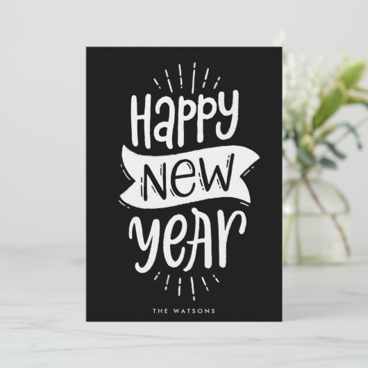 gelukkig nieuw jaar manuscripttekst witte letters feestdagenkaart (Staand voorkant)