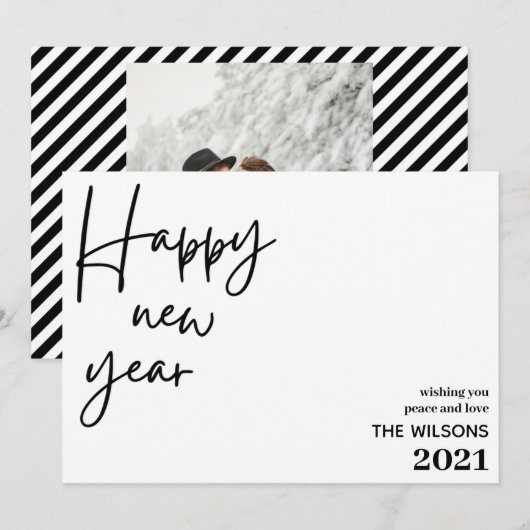 gelukkig nieuw jaar , moderne zwarte streep foto feestdagenkaart (Voorkant / Achterkant)