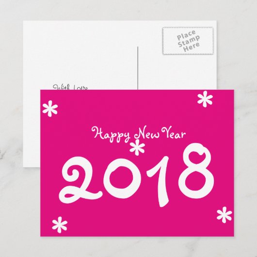 Gelukkig Nieuwjaar 2018 Hot Pink White Star Typogr Feestdagenkaart (Voorkant / Achterkant)
