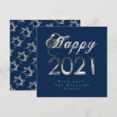 Gelukkig Nieuwjaar 2021 Chic Blue Silver Grey Scri Feestdagenkaart (Voorkant / Achterkant)