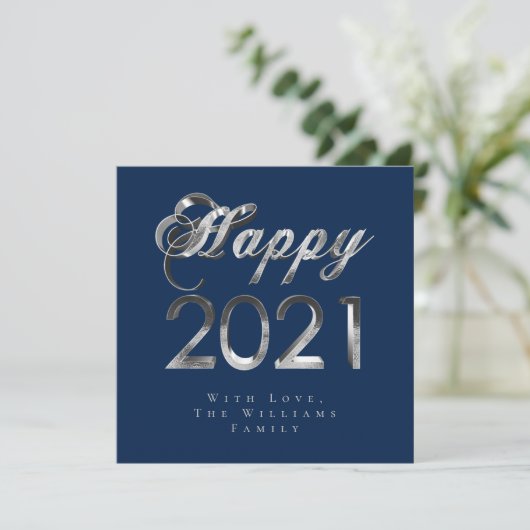 Gelukkig Nieuwjaar 2021 Chic Blue Silver Grey Scri Feestdagenkaart (Staand voorkant)