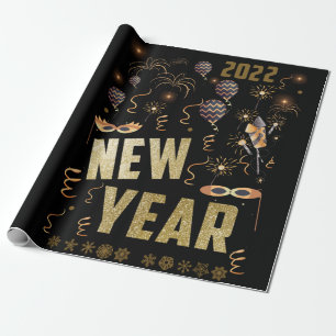 Gelukkig nieuwjaar 2022, feestdag Gold Glitter Fes Cadeaupapier