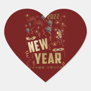Gelukkig nieuwjaar 2022, feestdag Gold Glitter Fes Hart Sticker