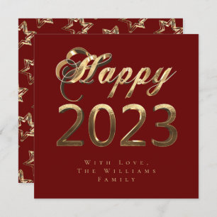 Gelukkig Nieuwjaar 2023 Chic Script Red en Gold Feestdagenkaart