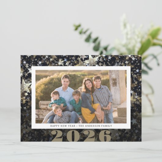 Gelukkig Nieuwjaar 2024 Foto Ster Confetti Feestdagenkaart (Staand voorkant)