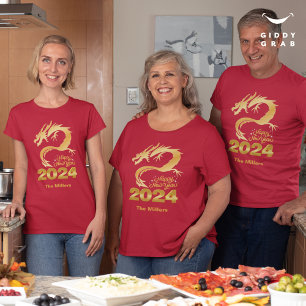 Gelukkig Nieuwjaar 2024 Golden Chinese Dragon Red T-shirt