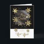 Gelukkig Nieuwjaar 2024 & Gouden Kerstmis Karakter Feestdagen Kaart<br><div class="desc">Wenskaart 2023 Vrolijk Kerstfeest & Gelukkig Nieuwjaar! XMAS Wishes Wenskaart versierd met kerst magische gouden personages, Winter Holiday geschenken elementen patroon, sneeuwman, kerstman, kerstboom, kerstbal, rendier, sneeuwvlokken, kerststerren, geschenken en meer feestelijke symbolen. Origineel trendy grafisch ontwerp voor Invitations & Stationery, Wenskaarten, Vakantie & Seizoen, Kerst Wit en Zwart papier elegant...</div>