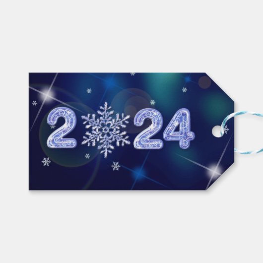 Gelukkig Nieuwjaar 2024. IJsnummers en sneeuwvlok Cadeaulabel (Voorkant (Horizontaal))